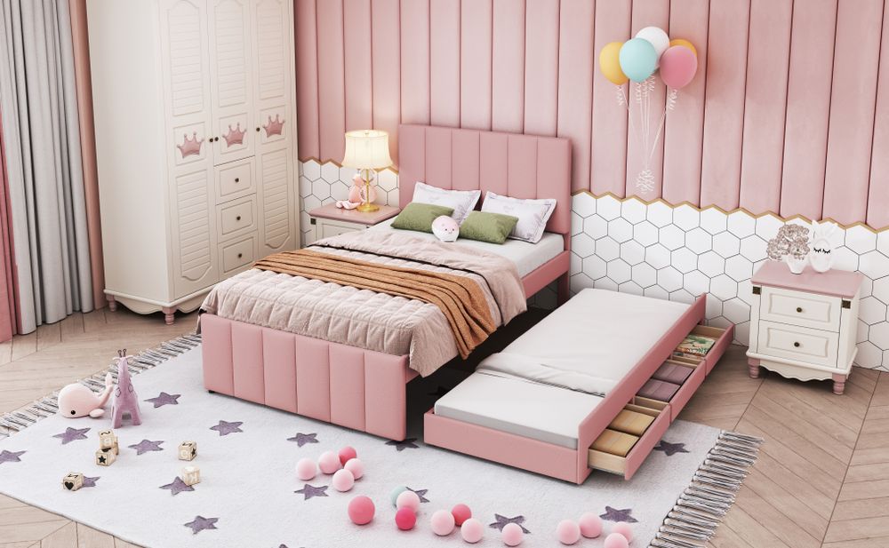 Merax Polsterbett 90x200cm mit Ausziehbett und 3 Schubladen, Leinen Doppelbett Kinderbett Jugendbett mit Lattenrost und höhenverstellbarem Kopfteil