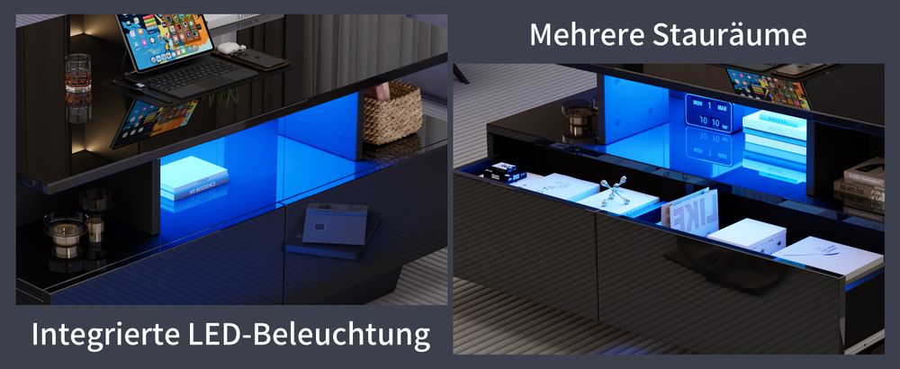 MODFU Hochglanz- Couchtisch Schwarz Wohnzimmertisch mit LED-Beleuchtung,Beistelltisch mit 2 Schubladene,Sofatisch für Schlafzimmer