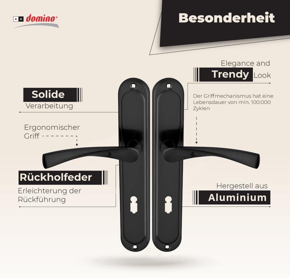 DOMINO Türgriff Blind Drückergarnitur | Langschildgarnitur | Türklinke für Zimmertür, Bürotür, Kellertür & Innentür | L-Form | Türbeschläge aus Aluminium |Schwarz Türdrückergarnitur |ROMANA BLACK