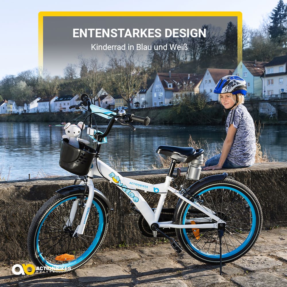 Actionbikes Kinderfahrrad Donaldo 20 Zoll | Kinder Fahrrad - V-Brake Bremsen - Kettenschutz - Fahrradständer - Fahrradkorb - 6-9 Jahre (Blau/Weiß)