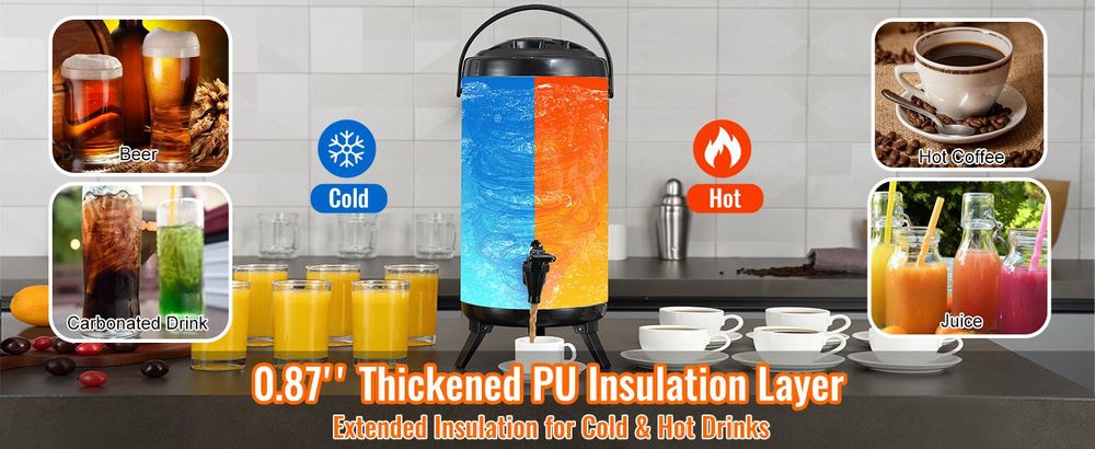 VEVOR Isolierter Getränkespender, 9,5 L, Lebensmittelgeeignetes LDPE Heiß- und Kaltgetränke-Server, Thermo-Getränkespender-Kühler mit 2,3 cm PolyurethanSchicht Zwei-Stufen-Hahngriff, für Restaurant-Getränkeshop, 9.2 L