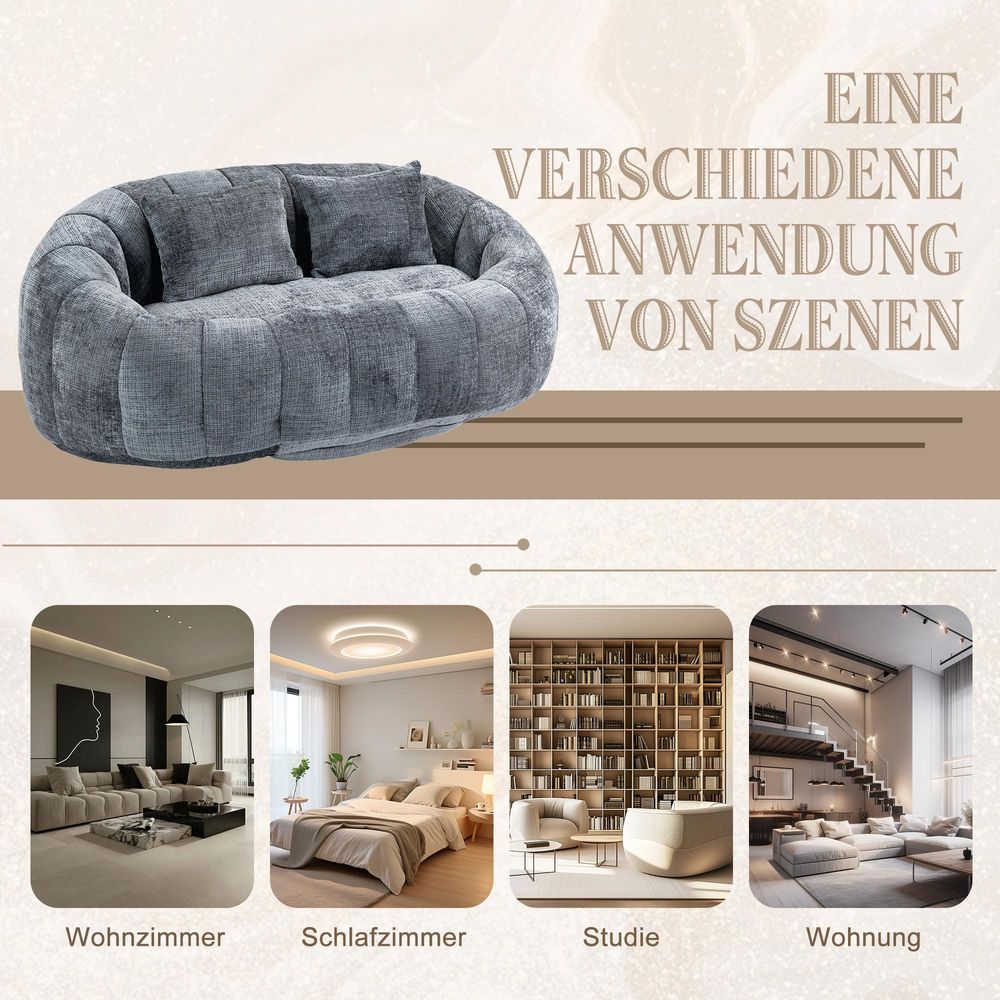 STILVORA Sitzsack Extra breites Loungesofa mit 2 Kissen, dick gepolsterter Relaxsessel, Ecksofa mit Chenille-Stoff,Grau