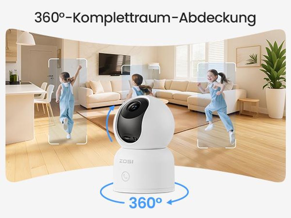 ZOSI 4K PTZ Überwachungskamera Innen WLAN mit 64GB Karte, 2,4/5Ghz WiFi, Personen-/Haustiererkennung & Verfolgung, One-Touch-Call, C518