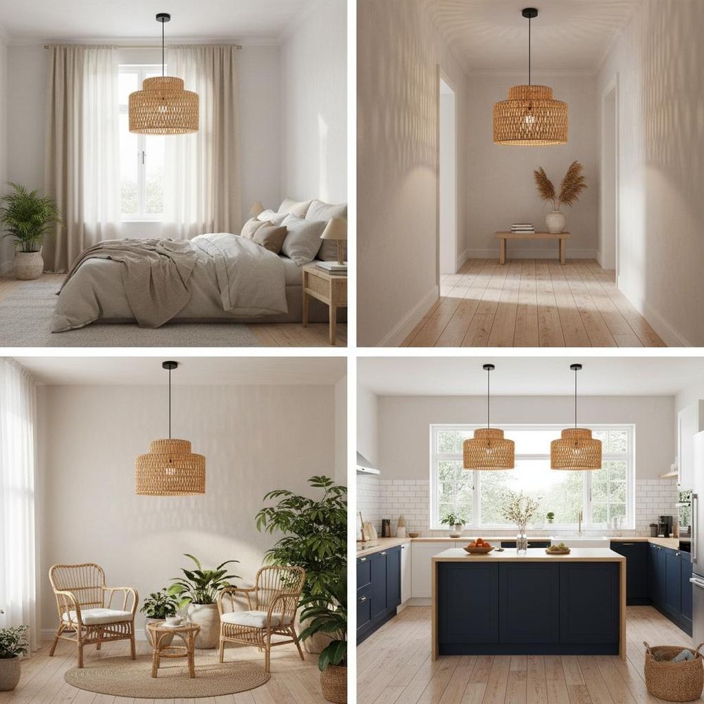 MasterLED Hängeleuchte Boho – E27 Fassung – Ø30 cm – Schwarz – natürlicher geflochtener Lampenschirm – modern für Wohnzimmer, Esszimmer & Küche