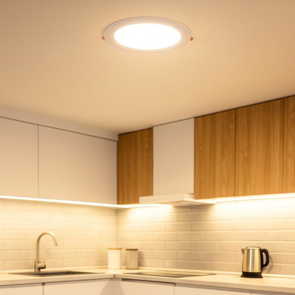 Rundes LED-Panel in moderner Küche mit weißen Fliesen und Holzoberschränken an der Decke montiert.