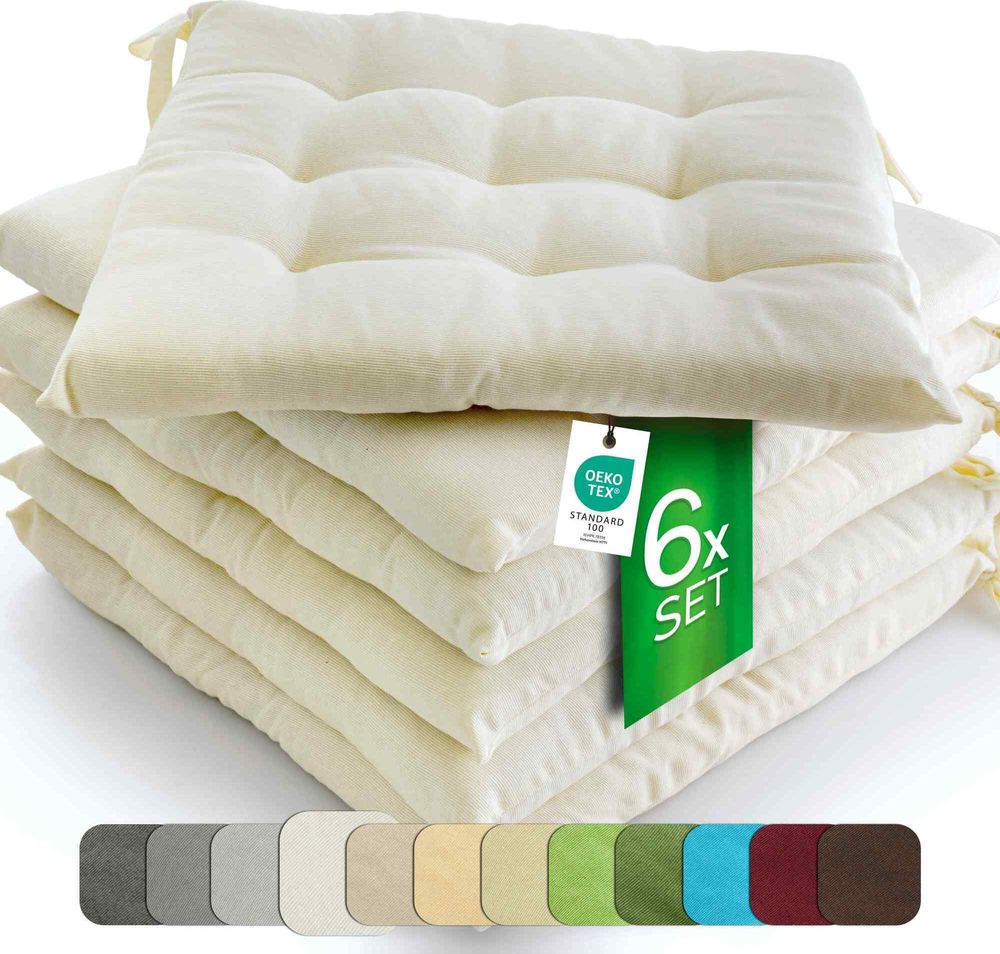Sitzkissen Stuhlkissen Indoor & Outdoor 6er Set 40x40 cm - Creme - etérea Stuhl Kissen Auflage mit Bändern