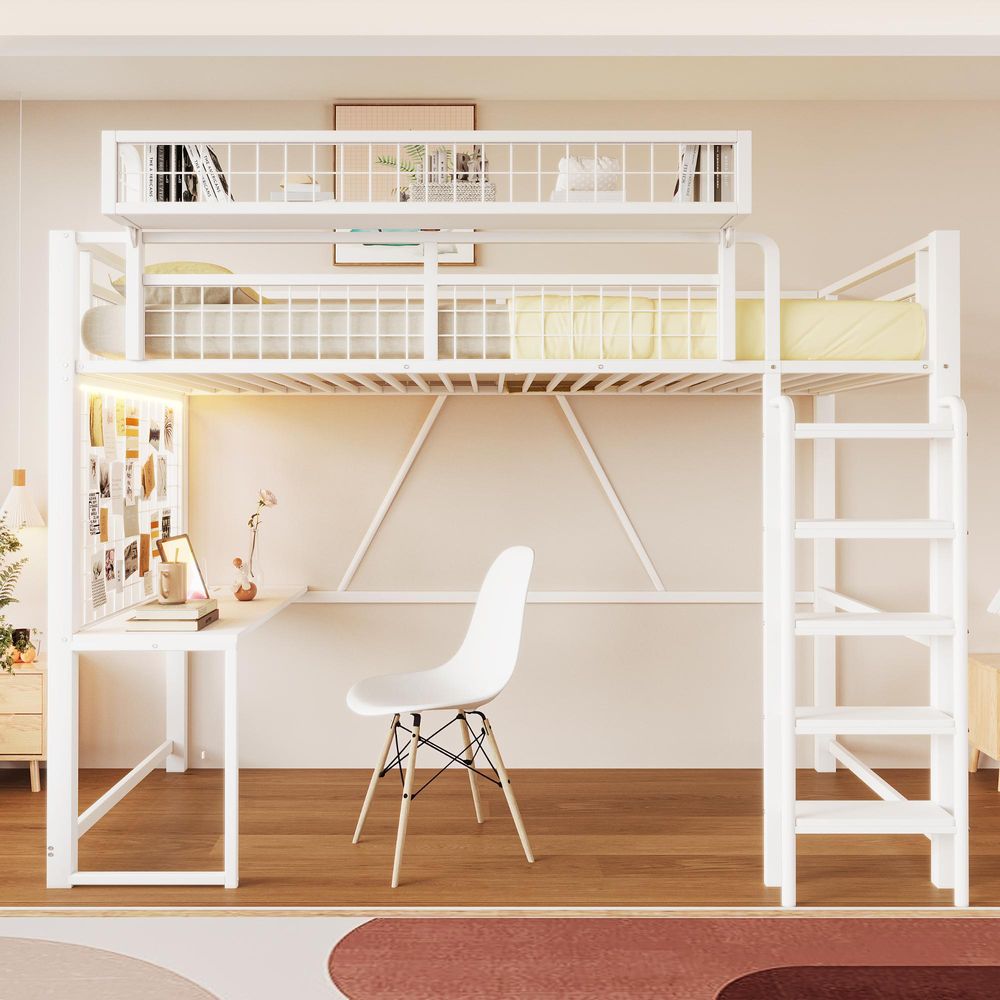 Merax Hochbett Etagenbett 90x200 mit Schreibtisch und LED Licht, Kinderbett mit Sicherheitsgeländer, Metallbett mit Steckdose, Aufbewahrungsnetz, Weiß