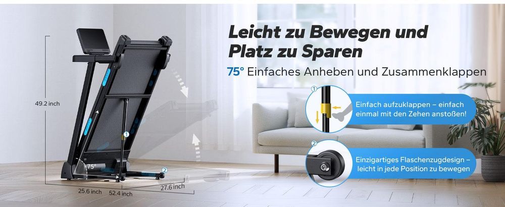 Elektrisches Laufband, Klappbares Laufband für Zuhause bis 12 km/h, Herzfrequenzmessung, für Zuhause und Büro, Belastbarkeit bis 136kg