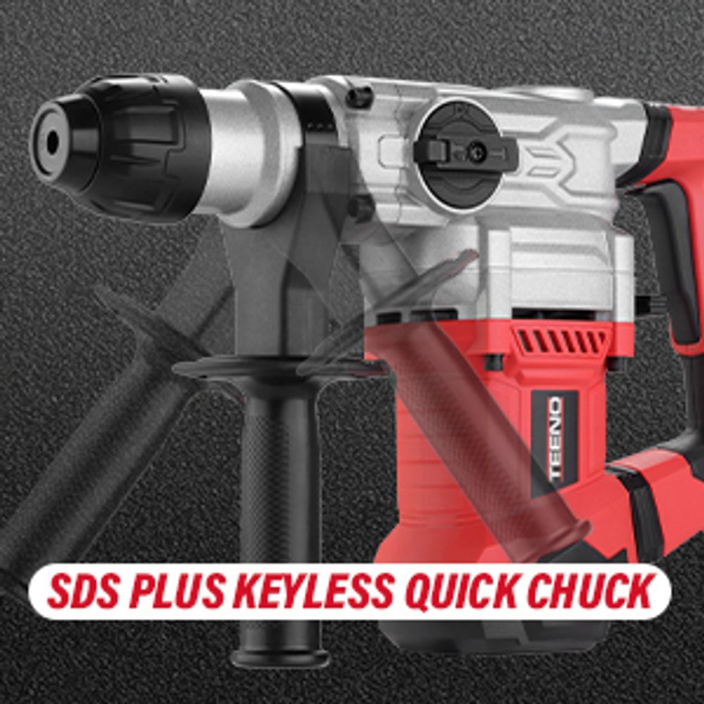 TEENO SDS-Plus 1500W Bohrhammer mit 6-Gang-Geschwindigkeiten, 4 Funktionen und Sicherheitskupplung – Professionelles Werkzeug für Beton, Metall usw.