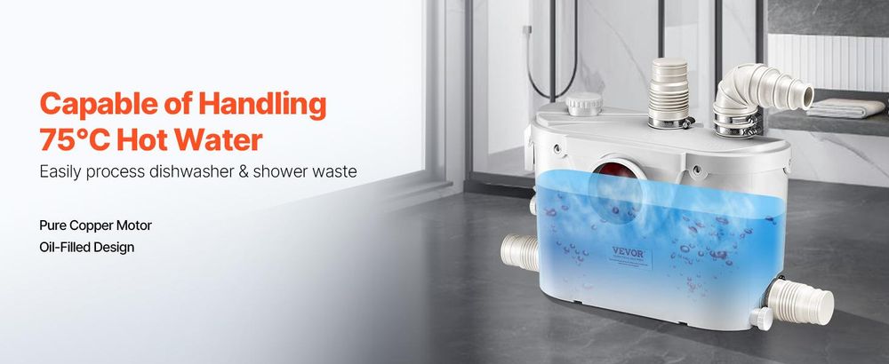 VEVOR Zerkleinerungspumpe, 700W, 9600 L/h Durchfluss, 10 m Förderhöhe, Zerkleinerung Abwasser Hebepumpe mit 3 Wasseranschlüssen für Toilette, Keller, Küche, Spüle, Dusche, Badewannen Abwasserentsorgung Hebemaschine, Bodenstehende Toilette-c, 500 W