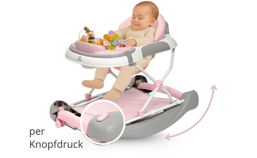 BRONEA® 4-in-1 Gehfrei Baby ab 6 Monate | Lauflernwagen Schaukel Spielpaneel mit Licht & Musik | Lauflernhilfe mit leisen Rollen und Bremsen - Pink