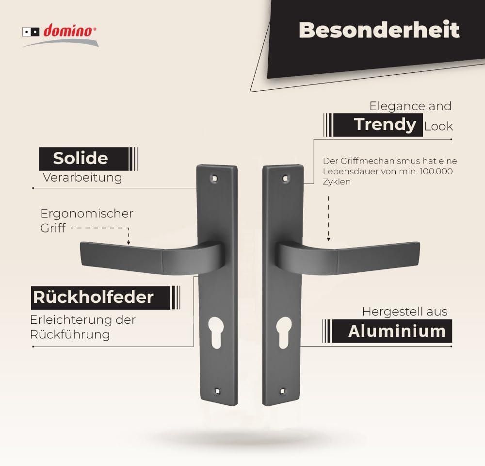 DOMINO Türgriff 72 Drückergarnitur PZ - Profilzylinder Set | Türklinke für Zimmertür, Bürotür, Kellertür & Innentür | L-Form | Türbeschläge aus Aluminiuml | Titan Türdrückergarnitur   FOKUS M8