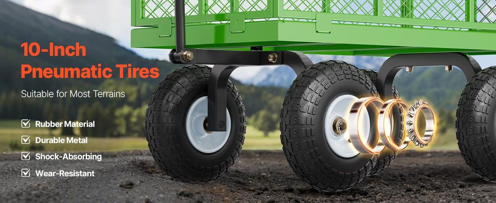 VEVOR 1200 Lbs Stahl Gartenwagen, Schwerlast Ziehbarer Gartenwagen, 2 in 1 Outdoor Metall Nutzwagen mit 13" All-Terrain Reifen, Abnehmbare Netzseiten und 180° drehbarem Griff, Grün-680 lbs