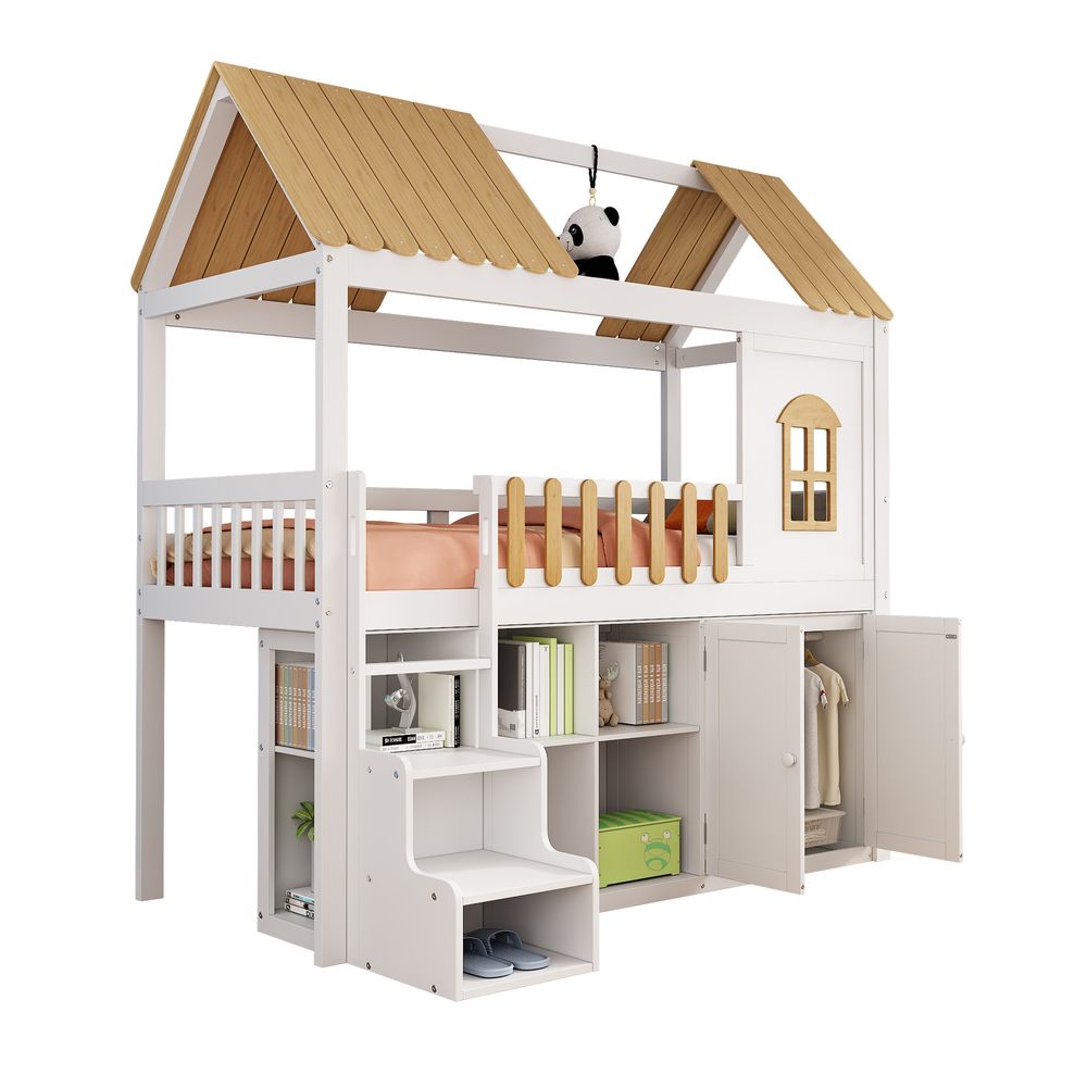 Merax Etagenbett 90x200cm mit Rausfallschutz und Fenster, Hochbett mit Kleiderschrank und Regal, Kinderbett mit Schuhschrank,Massivholzbett Jugendbett