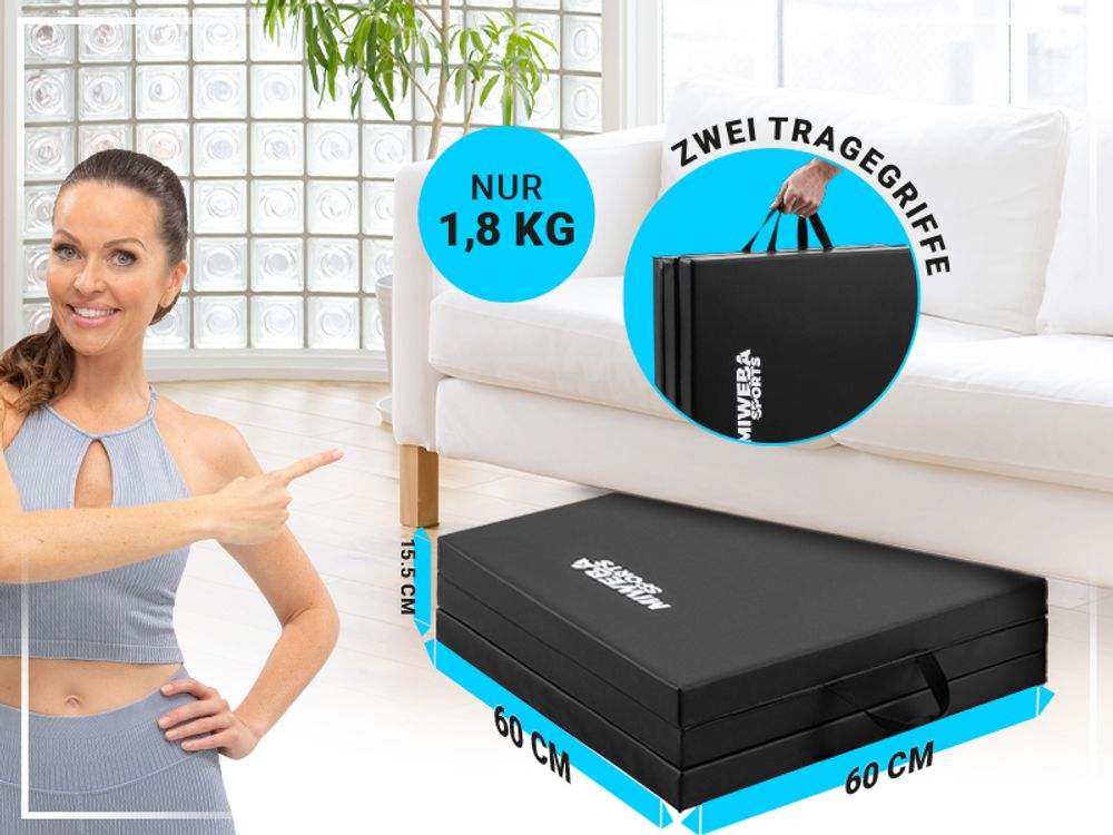 Miweba Sports Gymnastikmatte GM100 | Faltbar - Rutschfest - Trainingsmatte - Fitnessmatte für zuhause - Sport Turn Matte - Tragegriffe (Schwarz)