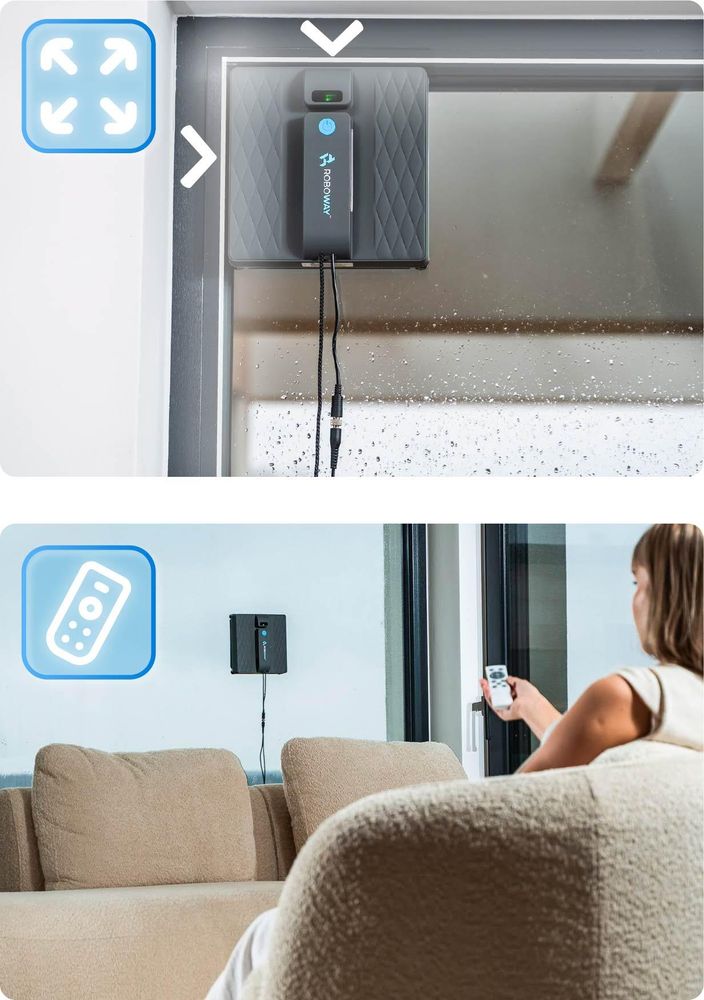 ROBOWAY RW-5 Fensterputzroboter, 3000 Pa Saugkraft, Ultraschall-Sprühfunktion, BLDC-Motor, UPS-Sicherheitssystem, Fernbedienung