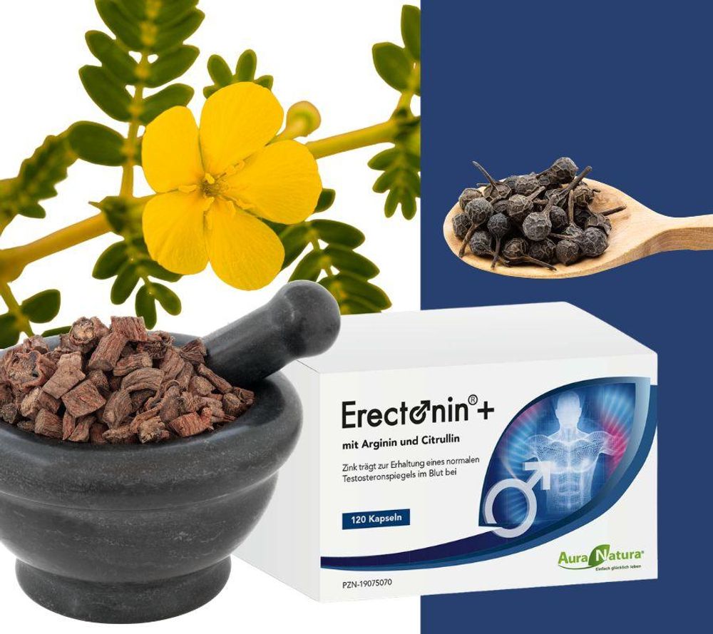 Aura Natura Erectonin Plus | L-Arginin Kapseln mit L-Citrullin, Zink & Selen | 7-fach Formel für Männer | je Tagesdosis 6933 mg | 120 Kapseln