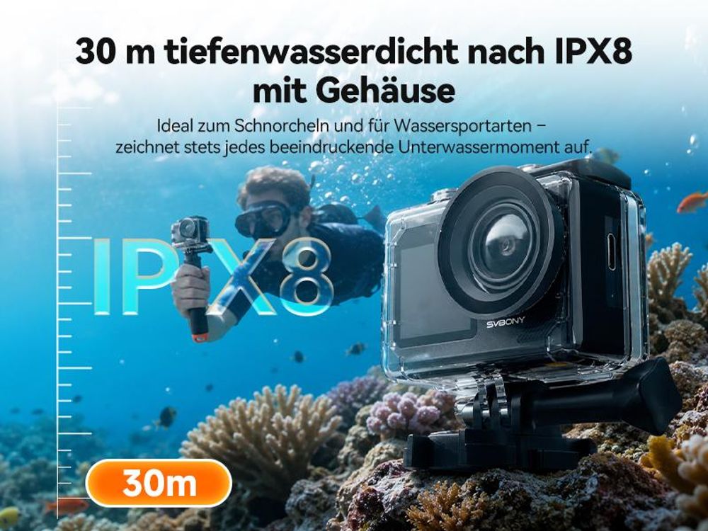 SVbony SVGO2 Action-Kamera 4K/30 fps IPX8 wasserdicht,30m,WLAN, EIS, 2,0-Zoll-Touchscreen, mit Auftriebsstange 2x1350mAh Akkus für Schnorchel, Surfen