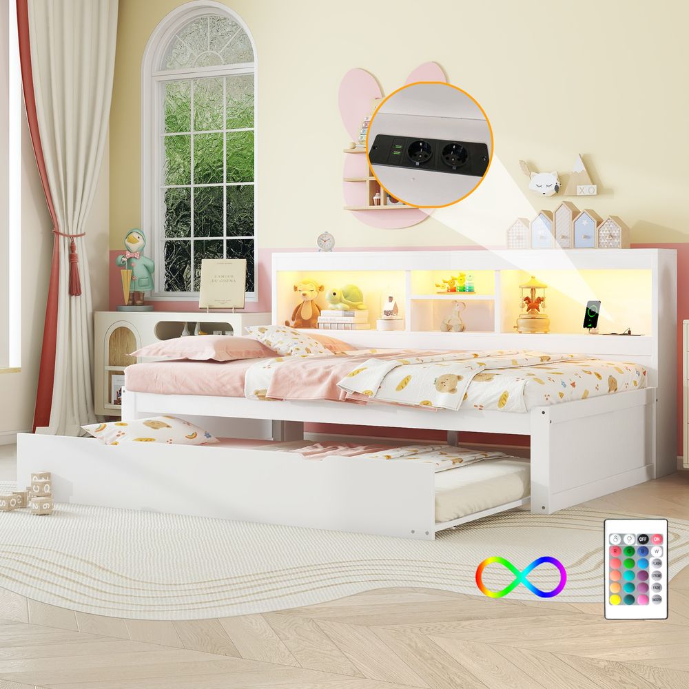 MERAX Daybed 90x200cm mit Ausziehbett 90x190cm und Staufächer Kinderbett Tagesbett mit LED, USB & Steckdose