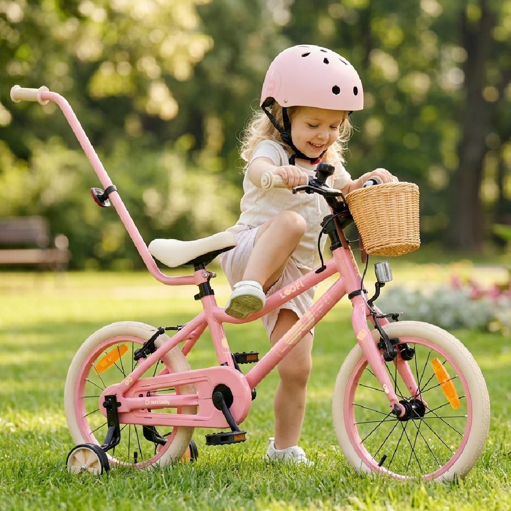 SUN BABY LOOFI Kinderfahrrad 16 Zoll, leichtes Aluminium Fahrrad 6,9 kg für Kinder ab 4 Jahre, mit Stützrädern, Korb, Klingel, Mädchen