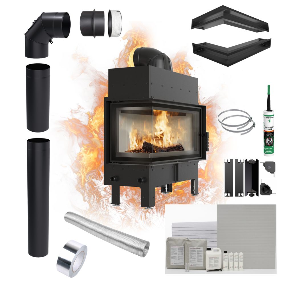 Kamineinsatz Kamineinsatz KRATKI FLOKI L Links 12kW KOMPLETTSET zum EINBAU Ø 200