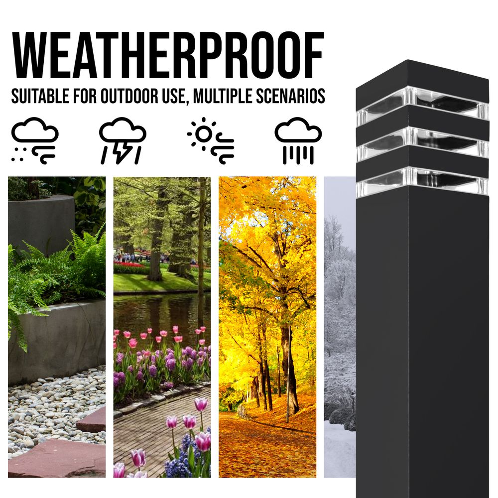 Solide Gartenleuchte, witterungsbeständig, verschiedene Jahreszeiten im Hintergrund sichtbar.