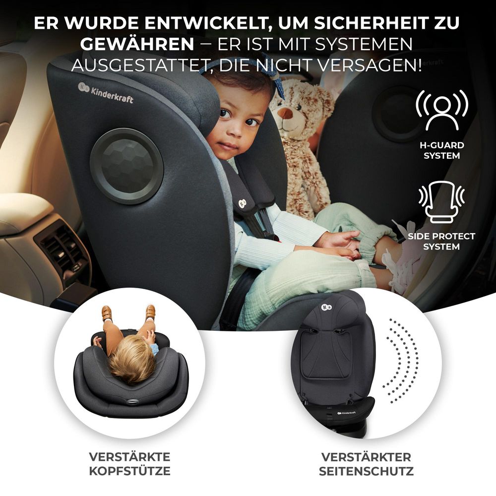 Kinderkraft I-360 i-Size - Kindersitz 40-150 cm - 360° Drehung - RWF/FWF - H-GUARD System - SPS+ - 5-Punkt-Gurt - ISOFIX - Stützbein - Schwarz