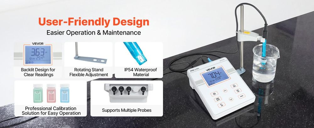 VEVOR pH-Meter, 0-14 pH-Bereich, IP68 wasserdichte Sonde, 3-Punkt-Autokalibrierung, tragbares Testkit mit Kalibrierpulver-Paketen, Temperatursensor, Tragetasche, für Trinkwasser, Hydroponik