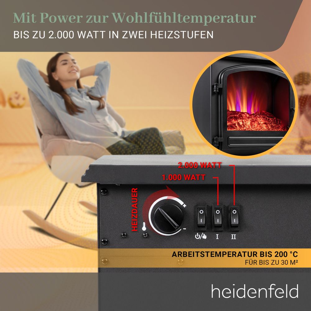 Heidenfeld Elektrokamin EK100 | Standkamin mit Glasfront - 2 Heizstufen - 1000-2000 Watt - bis 30m² - Realistischer 3D-Flammeneffekt - LED
