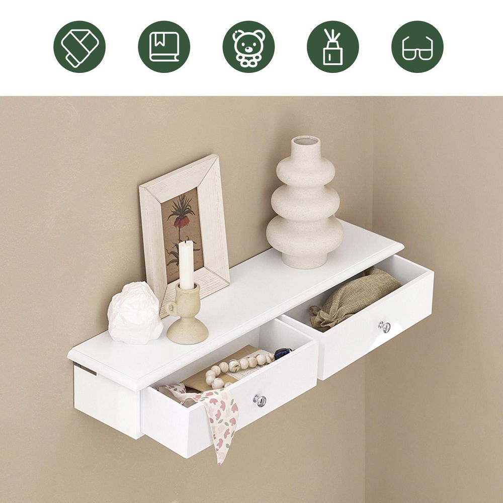 SoBuy Wandregal mit 2 Schubladen - Modernes Regal Wand für Flur, Wohnzimmer & Schlafzimmer - Weiß 64x15x10cm FRG43-W