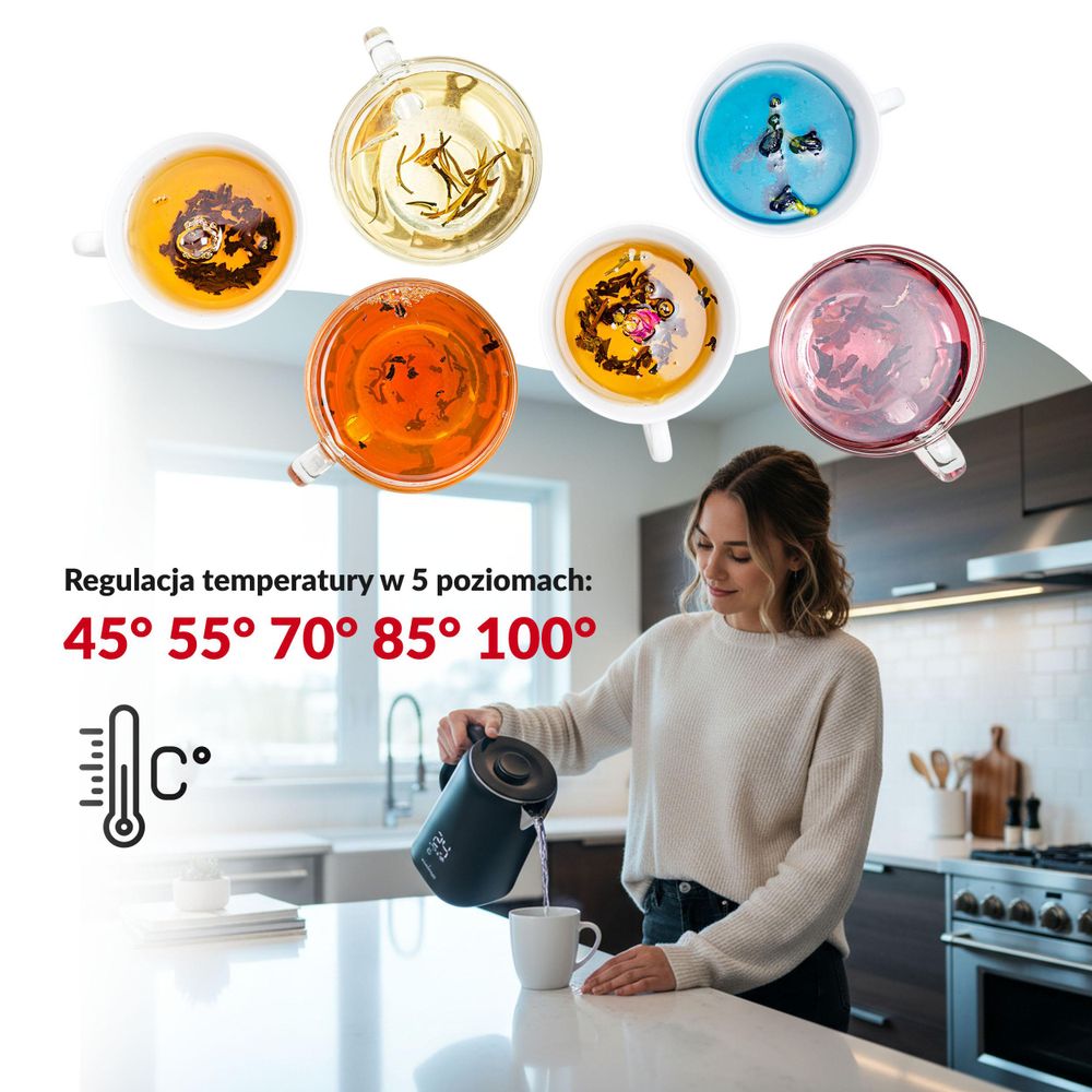 Czajnik elektryczny bezprzewodowy LEHMANN 1,7 l z regulacją temperatury 45-100°C,  z funkcją utrzymywania ciepła i panelem dotykowym, czarny matowy