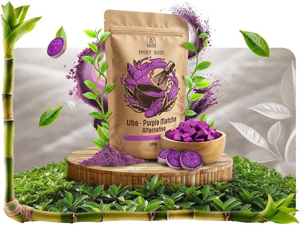 Mary Rose - Purple Matcha Tee Ube Pulver 100g - Lila Yamswurzel - Koffeinfrei - Für Latte, Gebäck - Lebensmittelfarbstoff - Vanille-Nuss-Geschmack