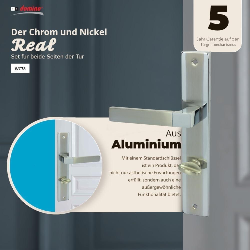 DOMINO Türgriff 78 Drückergarnitur WC - Badezimmer Set | Links & Rechts Türbeschlag für WC/Badezimmertüren | L-Form | Türbeschläge aus Aluminium |Chrom/Nickel Türdrückergarnitur| REAL M6/M9