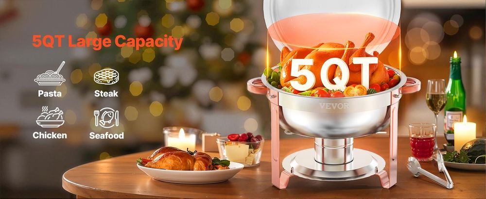 VEVOR Warmhalteteller Buffet Set, 5 Qt 4er Pack, Edelstahl Chafing Dish mit 4 Vollformat-Pfannen, runder Catering-Wärmer mit Deckel, Wasserpfanne, klappbarer Ständer und Clip, für Hochzeiten, Partys, Bankette, Silber, Roségold-4 Stück