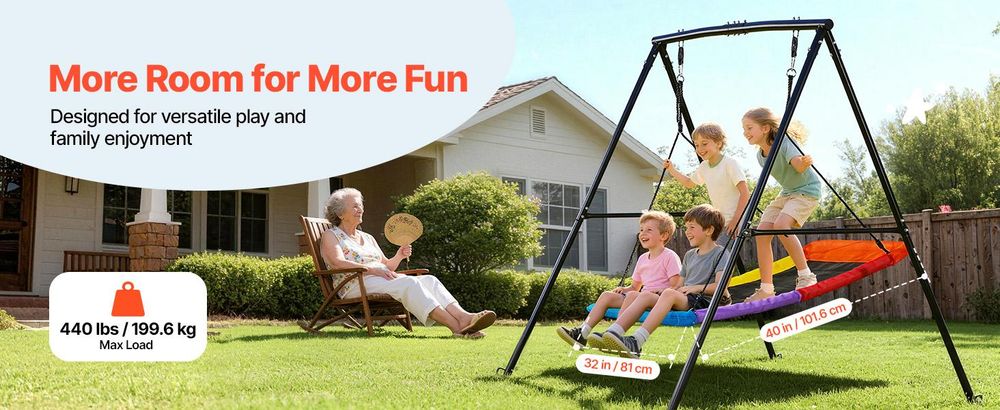 VEVOR Schaukeln für den Garten, 200 kg Tragfähigkeit Schaukelsystem, 40" Teller-Schaukel mit robustem A-Rahmen aus Metall und verstellbarem Seil, einfach zu montieren, Außenschaukel für Kinder, Einzelner Sitz, Plattformschaukel