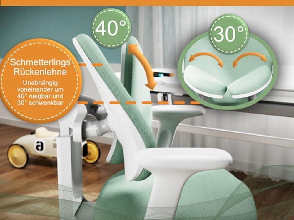 HOKO Kinderschreibtisch-Set höhenverstellbar mit Kinderstuhl, abnehmbare Fußstütze, 120x60 cm Arbeitsfläche, neigbarer Tisch, Weiß-Grün, ELIN & ANTON