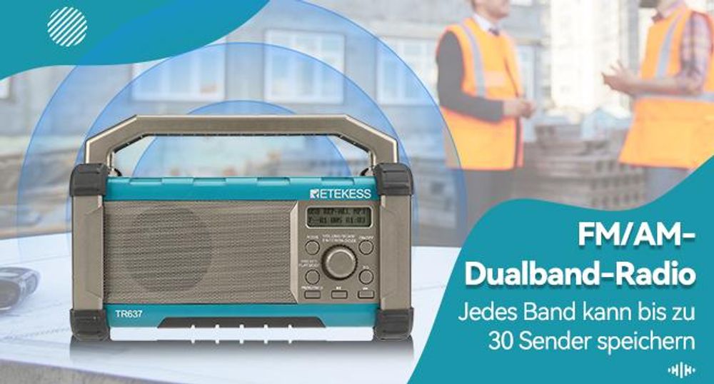 Retekess TR637 Baustellenradio mit Bluetooth, FM AM mit 5000 mAh leistungsstarkem Akku, IP54 staubdicht und wasserdicht mit USB-Ladegerät Tragegriff