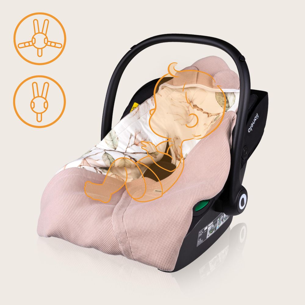 Lionelo Babydecken Travel Swaddle Blanket für Kindersitz, Tragetasche, Kinderwagen, Ganzjährig, 90x90 cm, Klettverschluss, 100% Baumwolle Beige