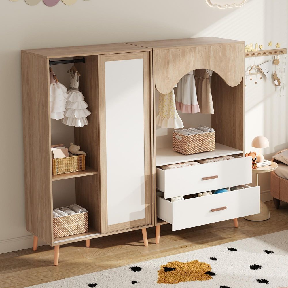 Merax Kinder-Kleiderschrank Doppel-Set, Kinderzimmer Offene Kindergarderobe, Kleiderschrank, mit Kleiderstange, Schiebetüren, 2 Schubladen, Weiß+Natur