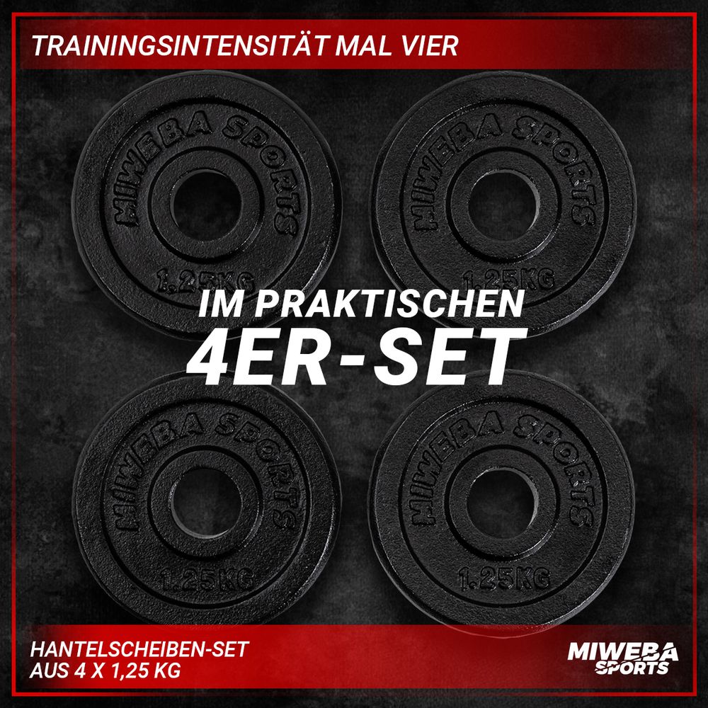 Miweba Sports Hantelscheiben Set | Gusseisen - Hantelgewicht - Gewichtsscheiben - Fitness Scheiben - Gewichte für Hantel - Ø30mm - Schwarz - 4x1,25 kg
