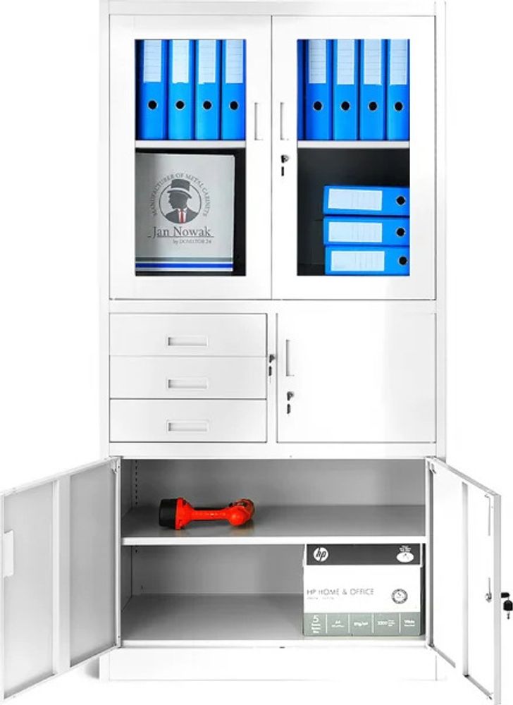 Aktenschrank C018S Büroschrank Metallschrank Tresor Safe Geheimfach Schubladen Pulverbeschichtung 185 cm x 90 cm x 40 cm (H x B x T), Farbe: Weiß