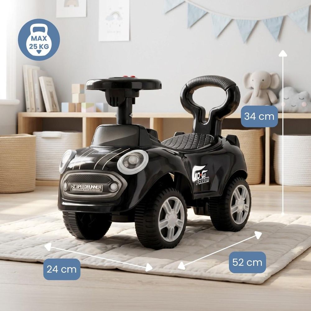 Schwarzes Rutschauto mit Maßangaben und maximaler Belastbarkeit.
