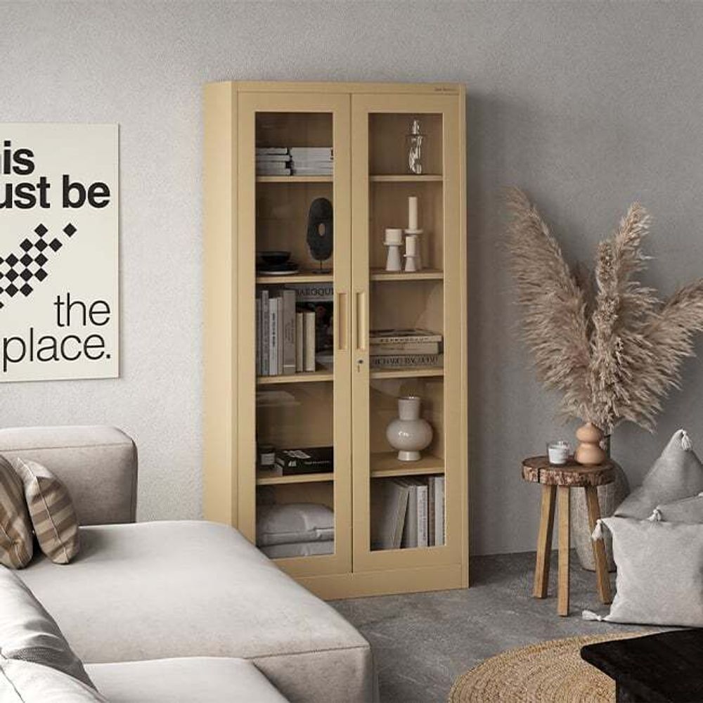 Jan Nowak Aktenschrank Medizinschrank Büroschrank Flügeltürschrank Glasvitrine 4 Fachböden Stahl Abschließbar 185 cm x 90 cm x 40 cm Farbe: Beige