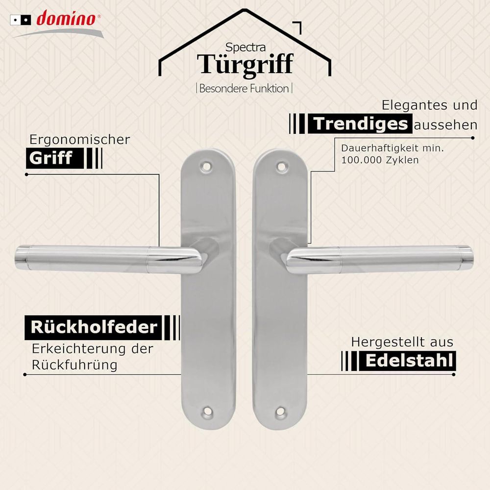 DOMINO Türgriff Blind Drückergarnitur | Langschildgarnitur | Türklinke für Zimmertür, Bürotür, Kellertür & Innentür | L-Form | Türbeschläge aus Edelstahl | Silber Türdrückergarnitur | SPECTRA INX