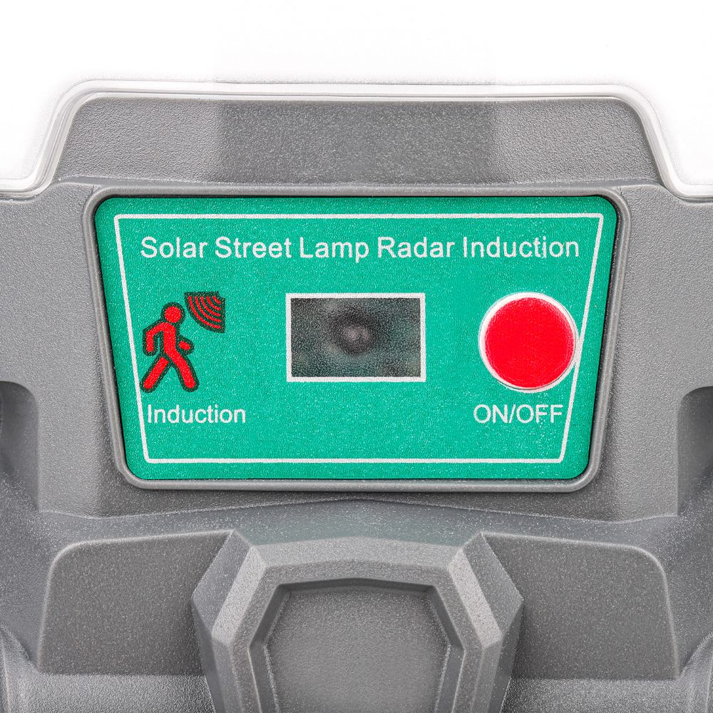 Info-Schild 'Solar Street Lamp Radar Induction' mit PIR-Sensor-Symbol für Bewegungserkennung.