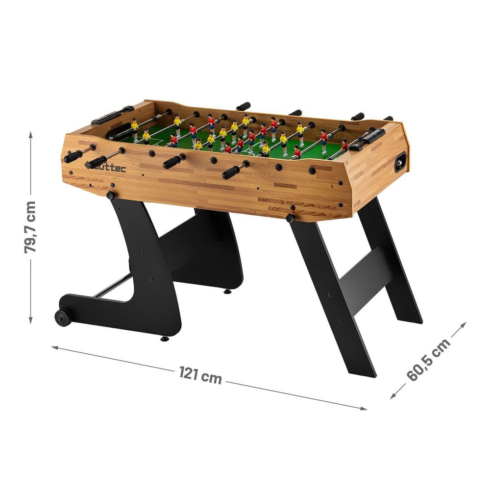 Tischfußballtisch mit Maßen: 121 x 60,5 x 79,7 cm.