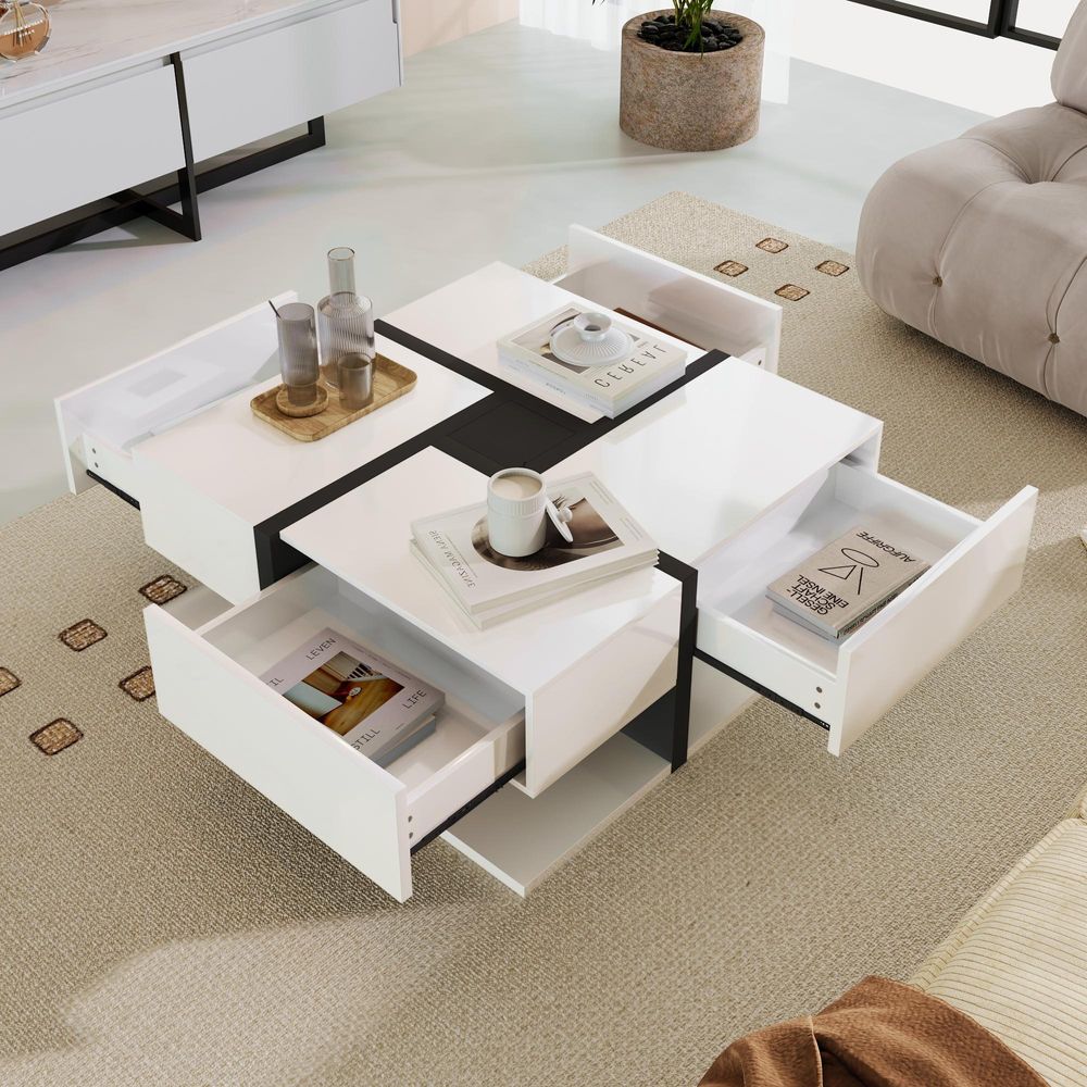 Merax Hochglanz-Couchtisch mit versteckten Schubladen, Beistelltisch mit geometrische Design, hochglänzend mit Sockel, Wohnzimmetisch Weiß & Schwarz