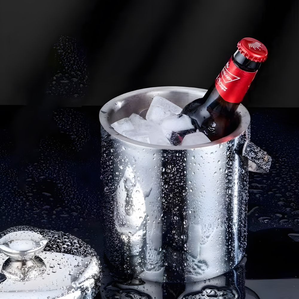 Eiseimer aus Edelstahl mit Deckel & Zange Eiswürfelbehälter Eisbehälter Serviereimer Doppelwandig 1.3 Liter Silber Retoo
