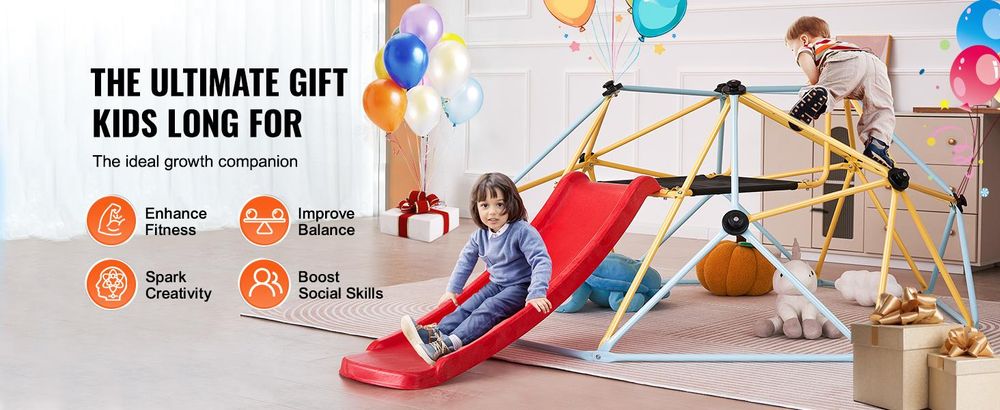 VEVOR Kletterkuppel, 2,44 m geometrisches Klettergerüst mit Rutsche, für Kinder von 3 bis 9 Jahren, Klettergerüst 272 kg Tragfähigkeit, mit Klettergriff, Indoor-/Outdoor-Spielgerät ideal Hinterhof