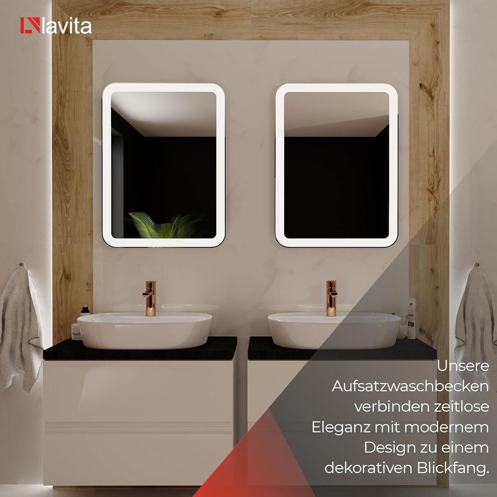 LAVITA Aufsatzwaschtisch Pereya | Aufsatzwaschbecken Rechteckig | Waschbecken ohne Überlauf und mit Hahnloch | Aus hochwertigem Porzellan | Waschtisch | 50,5x38,5x12 cm | Weiß Glanz